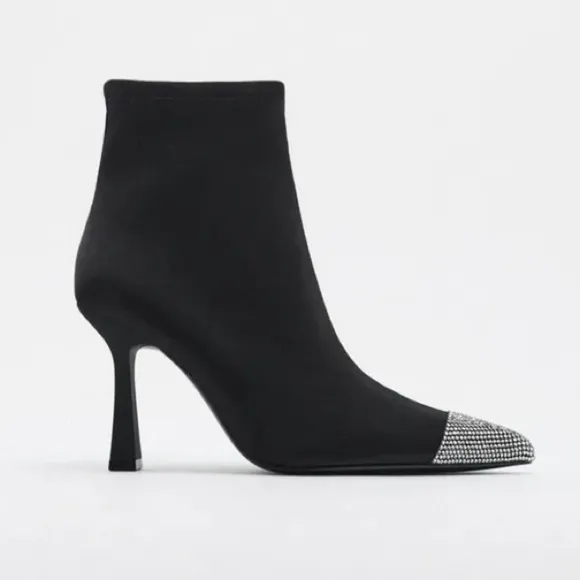 NWT. Zara Black High Heel Fabric Rhinestone Toe Ankle Boots. Size 6.