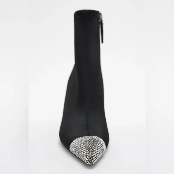 NWT. Zara Black High Heel Fabric Rhinestone Toe Ankle Boots. Size 6.