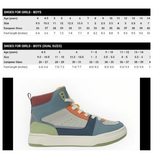 NWT. Zara Kids Multicolor High Top Sneakers. Size 7/Eu 40.