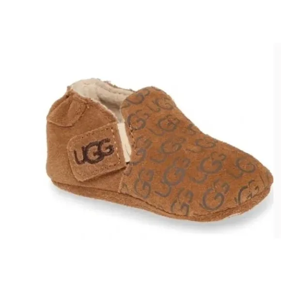 NWT/NIB UGG Logo Print Roos Crib Shoes in Chestnut (Size 0-6 &amp; 12-18 Months)