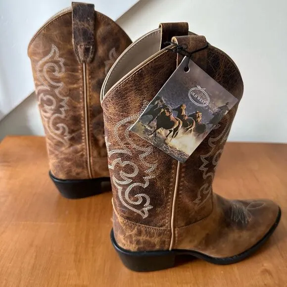 Old West cowboy Kids' 8&quot; Round Toe Boots - Distressed Brown