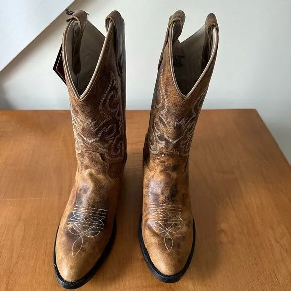 Old West cowboy Kids' 8&quot; Round Toe Boots - Distressed Brown