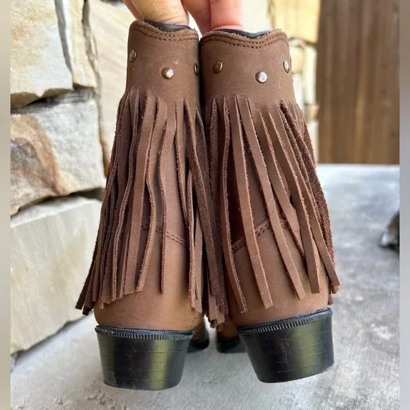 Old West leather round toe western brown fringe kids boots Sz-7.0D.   J