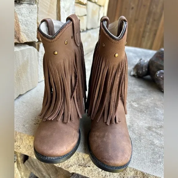 Old West leather round toe western brown fringe kids boots Sz-7.0D.   J