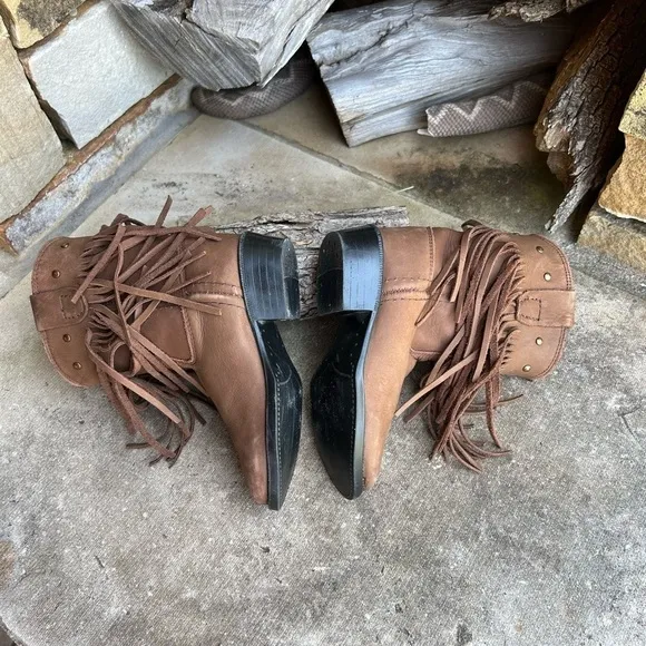 Old West leather round toe western brown fringe kids boots Sz-7.0D.   J