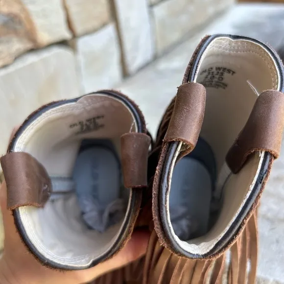 Old West leather round toe western brown fringe kids boots Sz-7.0D.   J