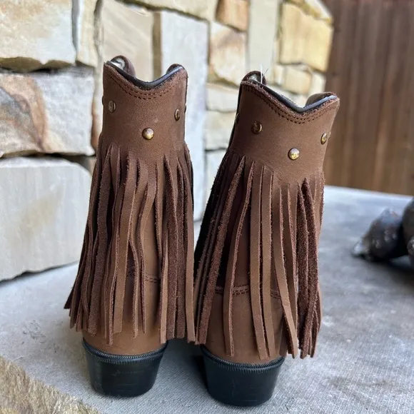 Old West leather round toe western brown fringe kids boots Sz-7.0D.   J