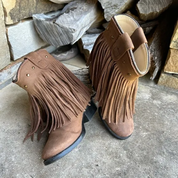 Old West leather round toe western brown fringe kids boots Sz-7.0D.   J