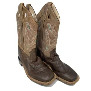 Old West Youth Tumbled Brown &amp; Tan Calf Leather Top Square Toe Boots Size 6.0-D