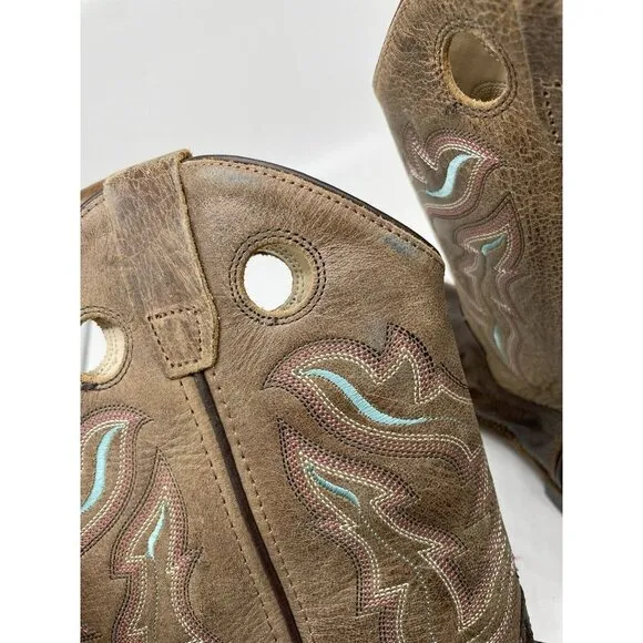 Old West Youth Tumbled Brown &amp; Tan Calf Leather Top Square Toe Boots Size 6.0-D