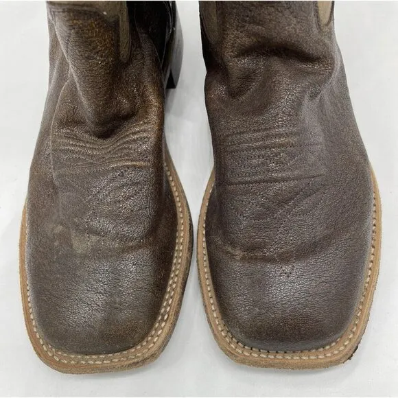 Old West Youth Tumbled Brown &amp; Tan Calf Leather Top Square Toe Boots Size 6.0-D
