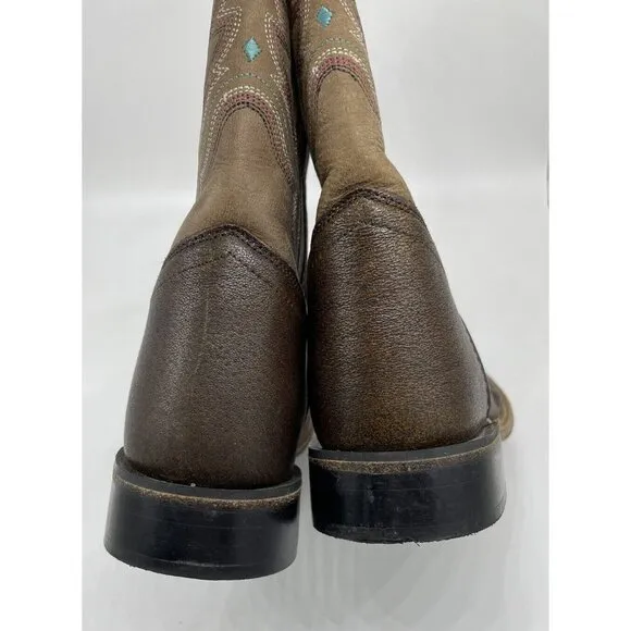 Old West Youth Tumbled Brown &amp; Tan Calf Leather Top Square Toe Boots Size 6.0-D