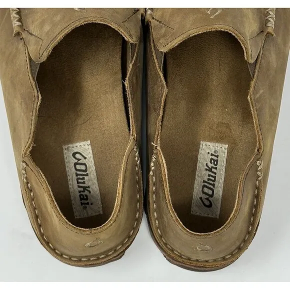 Olukai Moloa Slippers Men’s 13 Brown Leather Slip On Casual Comfort Shoes
