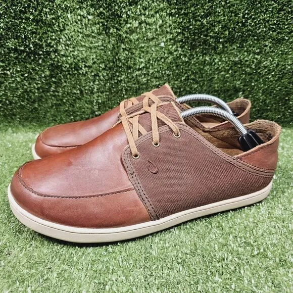 Olukai Nohea Lace Up Brown Leather‎ Comfort Drop Heel Shoes Mens Size US 10.5
