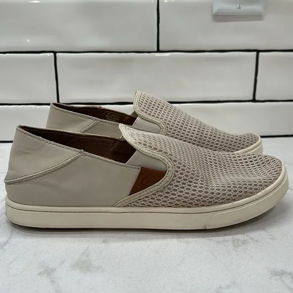 Olukai Pehuea Shoes Women’s 9.5 Tapa Beige Mesh Comfort Slip On Loafer Sneakers