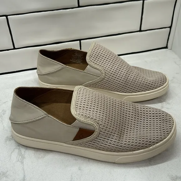 Olukai Pehuea Shoes Women’s 9.5 Tapa Beige Mesh Comfort Slip On Loafer Sneakers