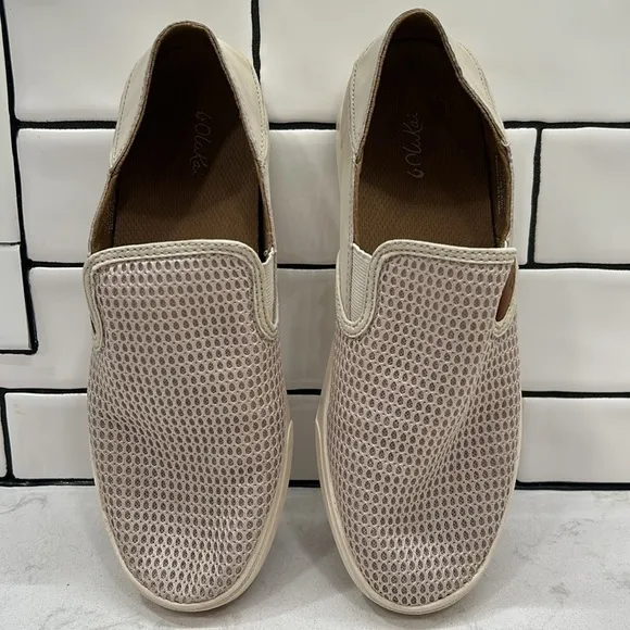 Olukai Pehuea Shoes Women’s 9.5 Tapa Beige Mesh Comfort Slip On Loafer Sneakers