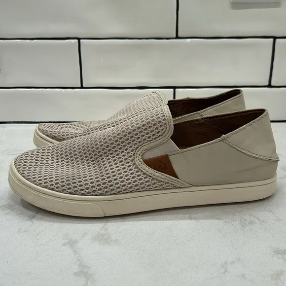 Olukai Pehuea Shoes Women’s 9.5 Tapa Beige Mesh Comfort Slip On Loafer Sneakers