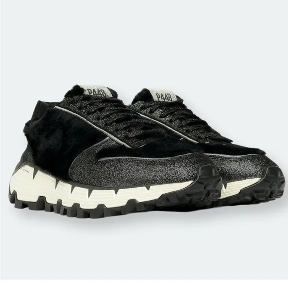 P448 Jackson Badia Sneakers Leather Faux Fur Glitter Black/Silver Size 39 EU