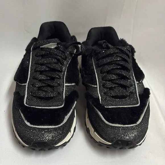 P448 Jackson Badia Sneakers Leather Faux Fur Glitter Black/Silver Size 39 EU