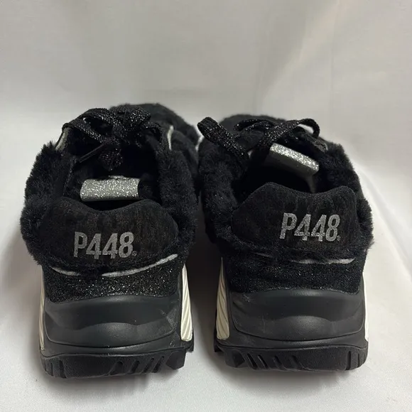 P448 Jackson Badia Sneakers Leather Faux Fur Glitter Black/Silver Size 39 EU