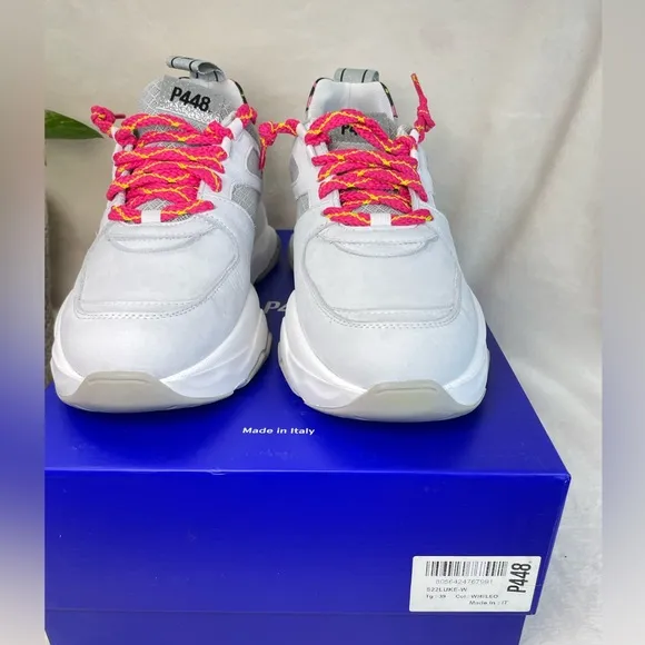 P448 Luke White and Pink Leopard ChunkyTrainer Sneakers‎ 39 EU, ( E 538)