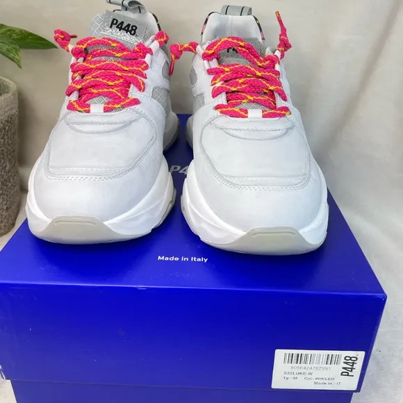 P448 Luke White and Pink Leopard ChunkyTrainer Sneakers‎ 39 EU, ( E 538)