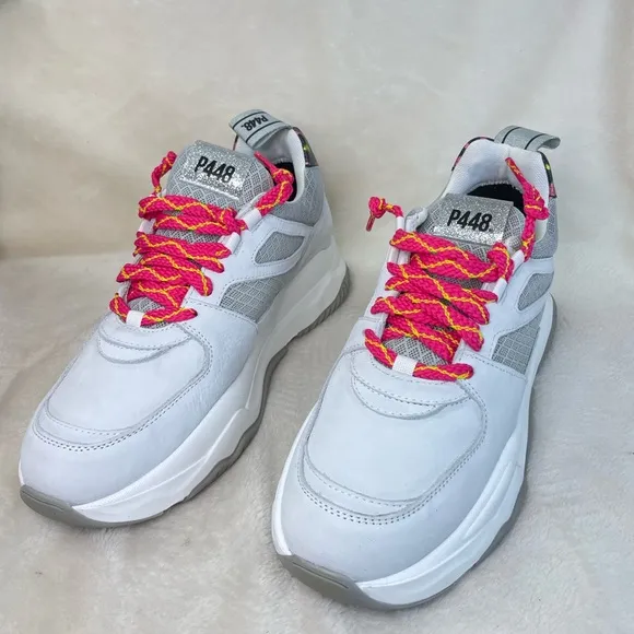 P448 Luke White and Pink Leopard ChunkyTrainer Sneakers‎ 39 EU, ( E 538)