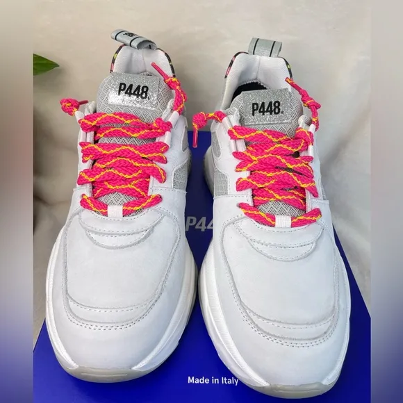 P448 Luke White and Pink Leopard ChunkyTrainer Sneakers‎ 39 EU, ( E 538)