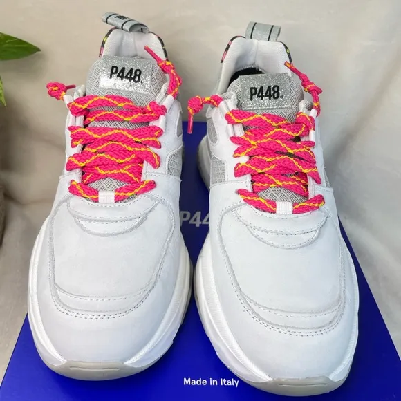 P448 Luke White and Pink Leopard ChunkyTrainer Sneakers‎ 39 EU, ( E 538)