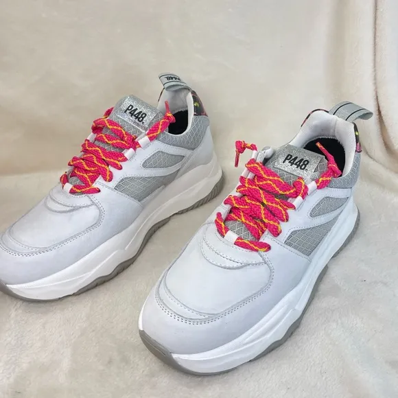 P448 Luke White and Pink Leopard ChunkyTrainer Sneakers‎ 39 EU, ( E 538)