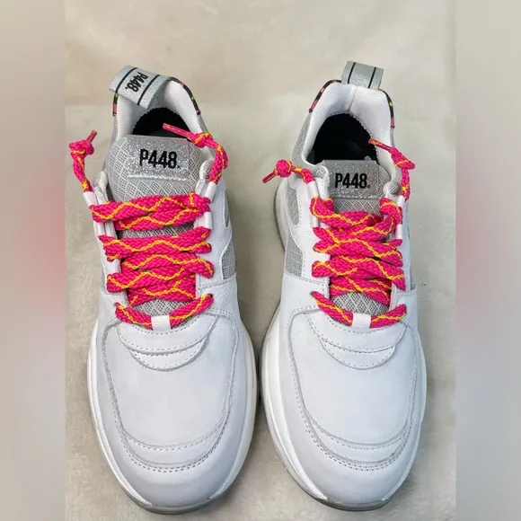 P448 Luke White and Pink Leopard ChunkyTrainer Sneakers‎ 39 EU, ( E 538)