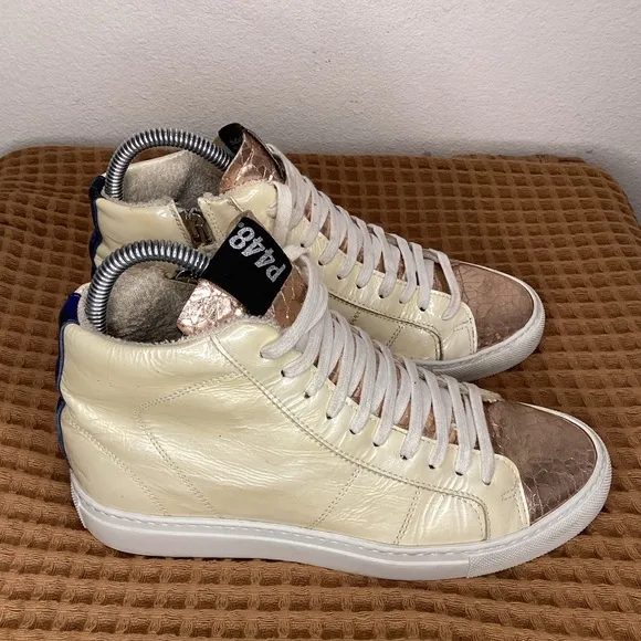 P448 'Star 2.0' Mid Top Sneakers Pearl Snake Women’s‎ Sz 37 US 7 White Side Zip