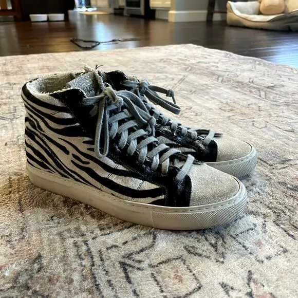 P448 Zebra Print Calf Hair Black/White Glitter High Top Sneaker US 7 / EU 37 EUC