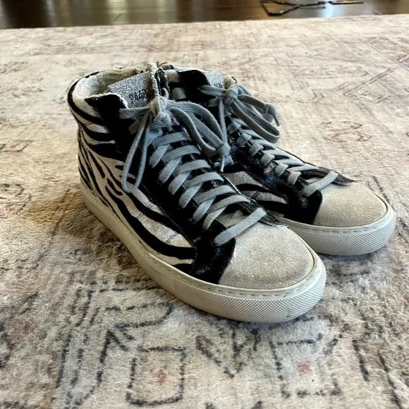 P448 Zebra Print Calf Hair Black/White Glitter High Top Sneaker US 7 / EU 37 EUC