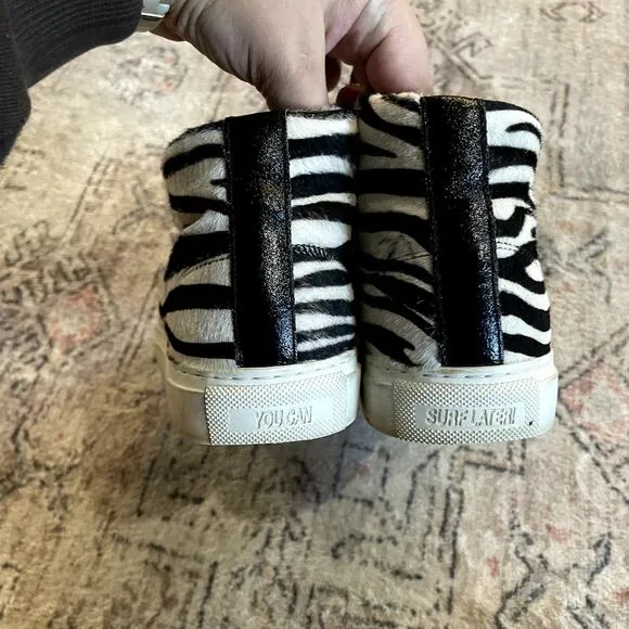 P448 Zebra Print Calf Hair Black/White Glitter High Top Sneaker US 7 / EU 37 EUC