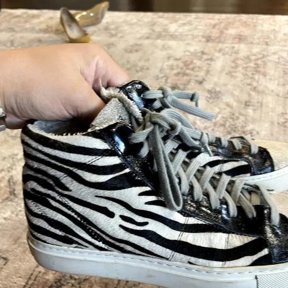 P448 Zebra Print Calf Hair Black/White Glitter High Top Sneaker US 7 / EU 37 EUC