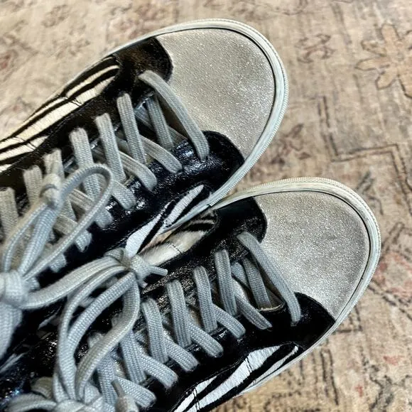 P448 Zebra Print Calf Hair Black/White Glitter High Top Sneaker US 7 / EU 37 EUC