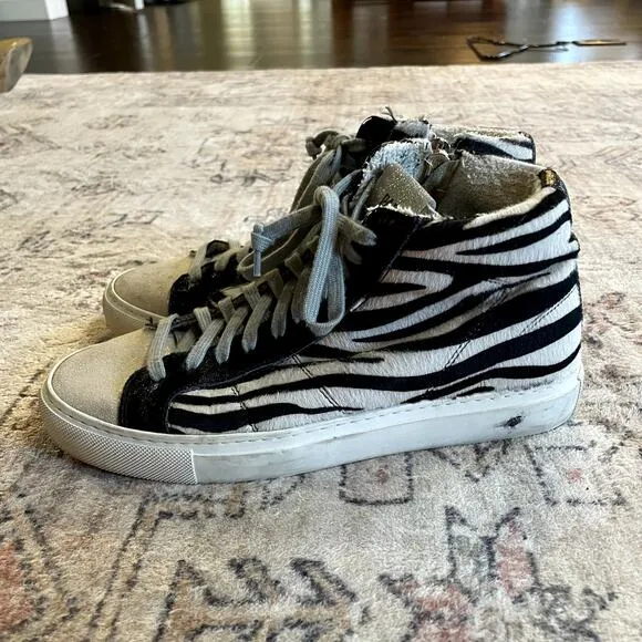 P448 Zebra Print Calf Hair Black/White Glitter High Top Sneaker US 7 / EU 37 EUC