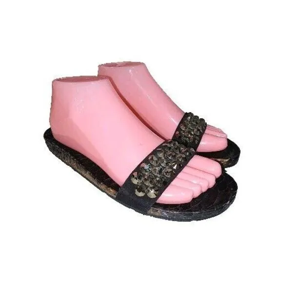 PEDRO GARCIA ARETA Sz 7 Black Snakeskin Slide On Bling Top Open Toe Mule Sandals
