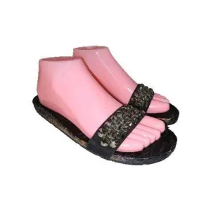 PEDRO GARCIA ARETA Sz 7 Black Snakeskin Slide On Bling Top Open Toe Mule Sandals