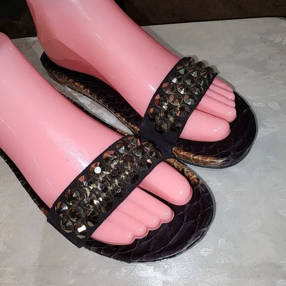 PEDRO GARCIA ARETA Sz 7 Black Snakeskin Slide On Bling Top Open Toe Mule Sandals