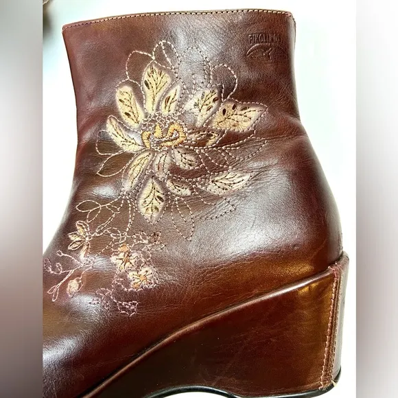Pikolinos Leather Ankle Wedge Boots with Floral Stitching