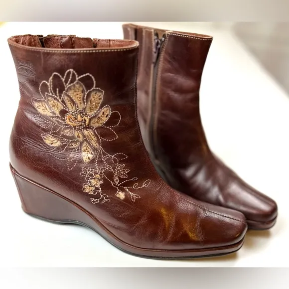 Pikolinos Leather Ankle Wedge Boots with Floral Stitching