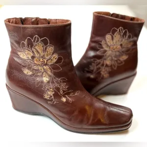 Pikolinos Leather Ankle Wedge Boots with Floral Stitching