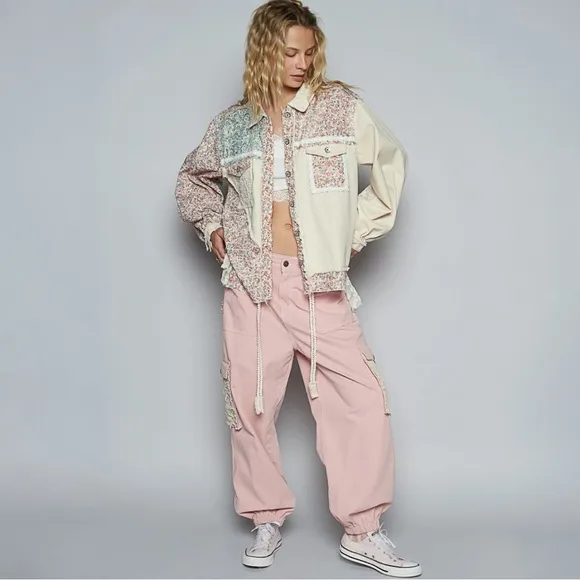 POL Balloon Sleeves Floral Printed Twill Jacket