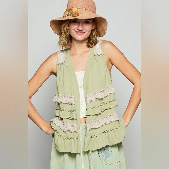 POL Ruffle Patchwork Floral Boho Vest Hippie Raw Seam Open Sleeveless Cardigan