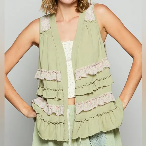 POL Ruffle Patchwork Floral Boho Vest Hippie Raw Seam Open Sleeveless Cardigan