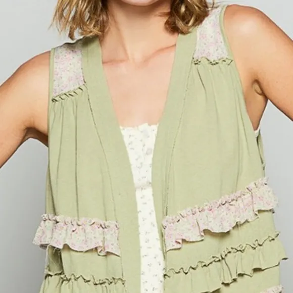 POL Ruffle Patchwork Floral Boho Vest Hippie Raw Seam Open Sleeveless Cardigan