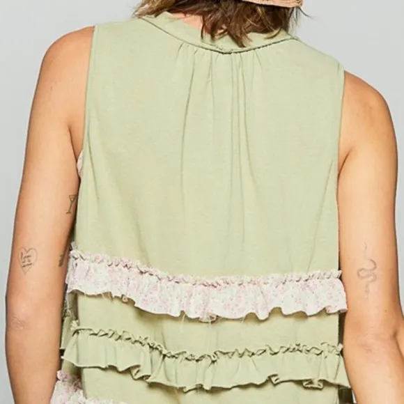 POL Ruffle Patchwork Floral Boho Vest Hippie Raw Seam Open Sleeveless Cardigan